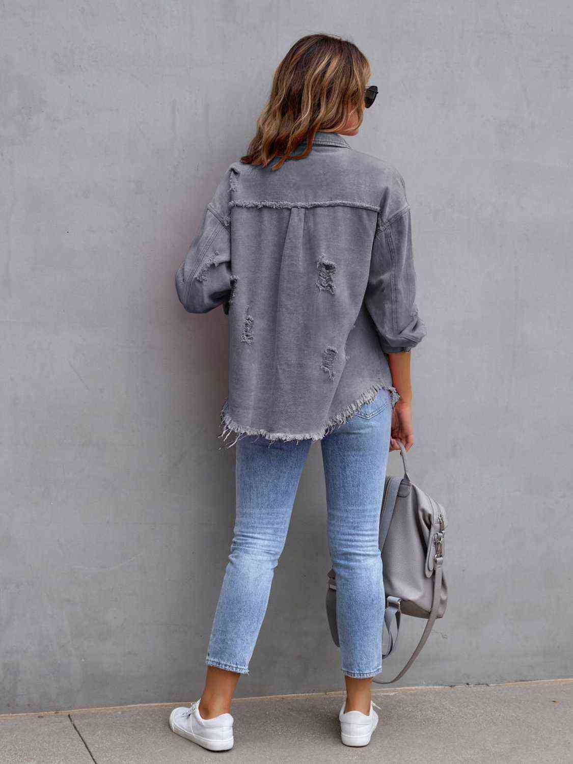 Distressed Fringe Drop Shoulder Denim Jacket