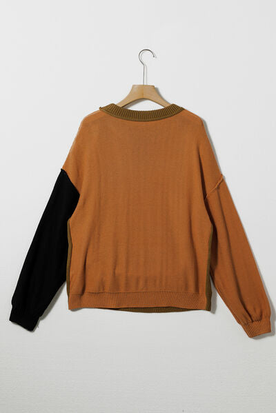 Contrast Round Neck Dropped Shoulder Women's Sweater