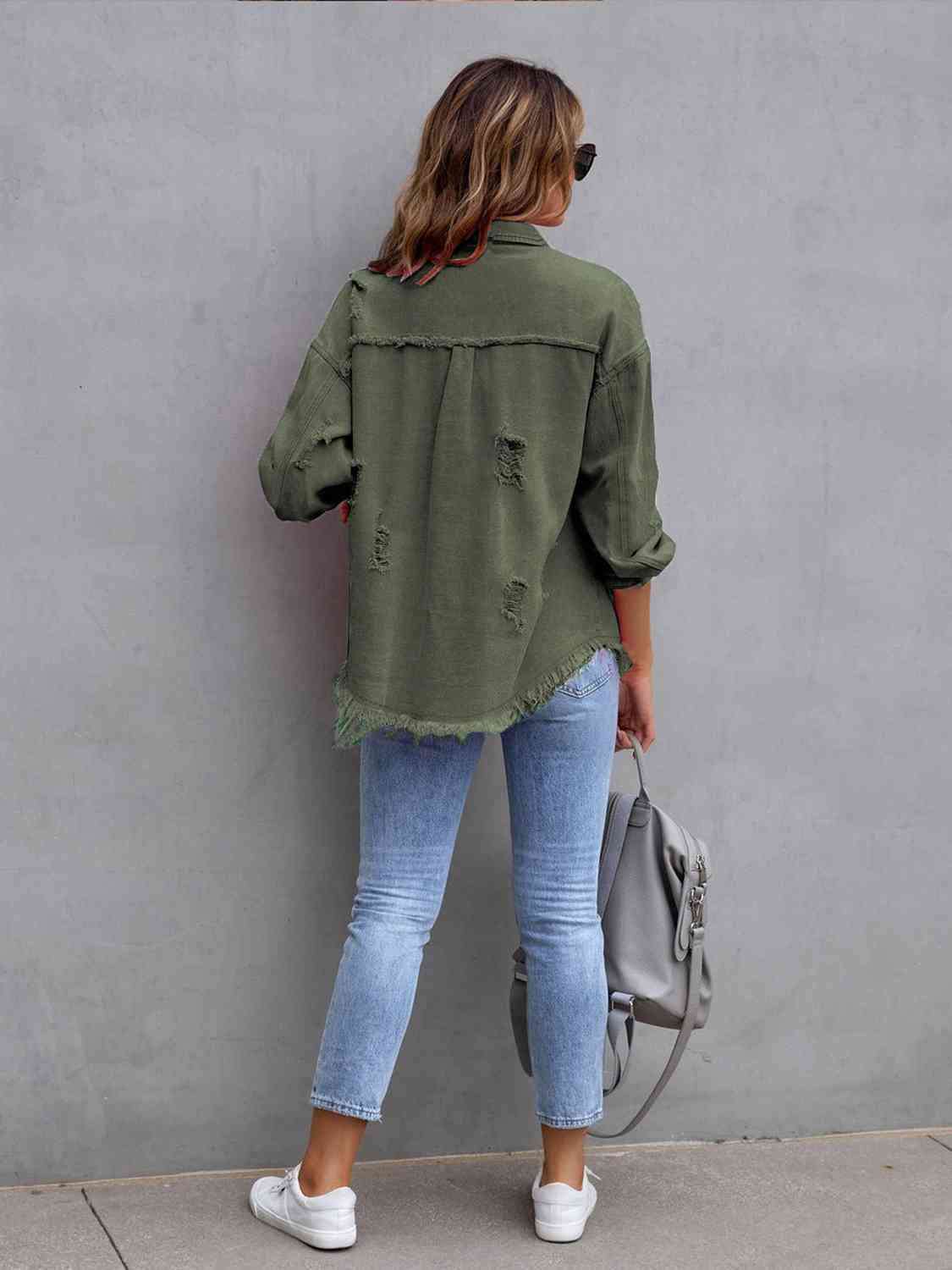 Distressed Fringe Drop Shoulder Denim Jacket