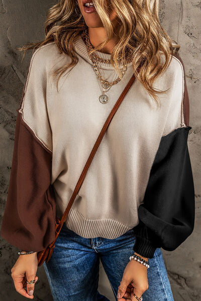 Contrast Round Neck Dropped Shoulder Women's Sweater